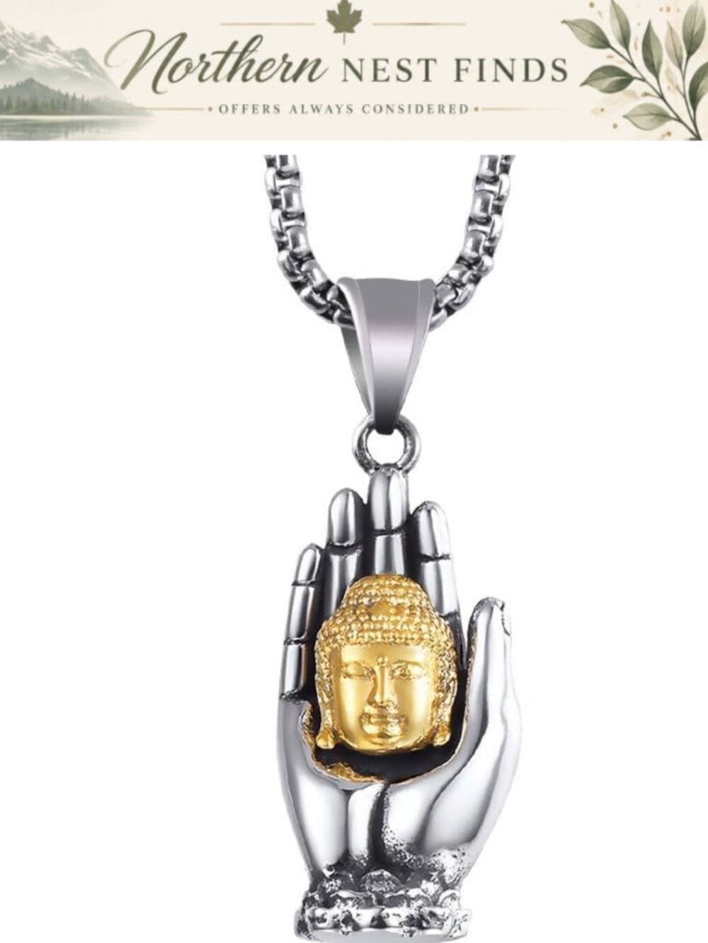 Stainless Steel Buddha Pendant Necklace 23.6" Cable Chain Unisex